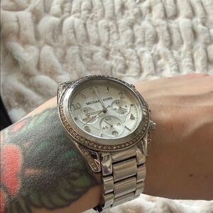 Michael Kors Silver Chronograph Watch with Crystal Details